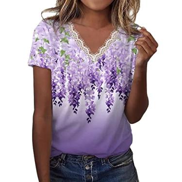 Imagem de Camiseta feminina de verão com estampa de renda e gola V, camiseta casual fashion estampada estética gráfica Blusa 2023 havaiano Havaí Camisa decote Top estampado flor floral C49-Roxo Large