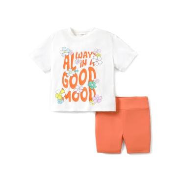 Imagem de PATPAT Conjunto de 2 peças de roupas para crianças meninas camiseta de manga curta top e estampa estampa ciclista shorts roupas de verão, Humor laranja, 3 Anos