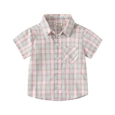 Imagem de Yueary Camisa social de manga curta com botões para bebês meninos, camiseta xadrez de verão, uniforme escolar, Azul, 120/4-5 Y