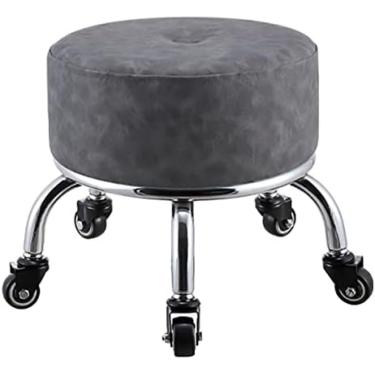 Imagem de Tamborete baixo rolante redondo de couro PU com 5 rodas, estofamento de assento grosso, banco baixo doméstico multifuncional para pedicure e esfregar o chão, cinza1