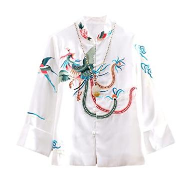 Imagem de Casaco feminino primavera e verão bordado estilo chinês Phoenix jaqueta feminina solta, Branco, G