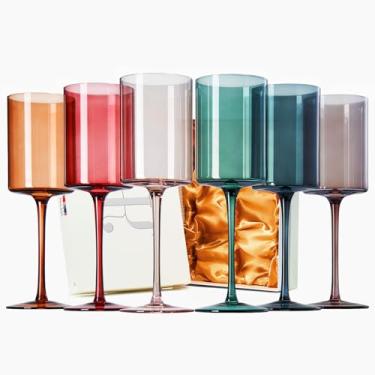 Imagem de Conjunto de 6 taças de vinho de cristal modernas quadradas coloridas, para esposa, ela, mãe, amiga - copos grandes de 340 g, copos altos coloridos estilo italiano - Copos bonitos de