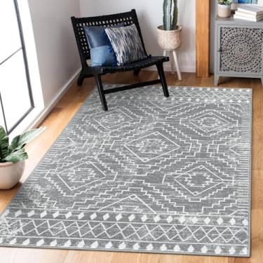 Imagem de Tapetes marroquinos laváveis Wonnitar 10 x 15 cm, tapete cinza antiderrapante para sala de estar, tapetes grandes macios boho para quarto, tapete geométrico sem queda de chão fino para entrada e