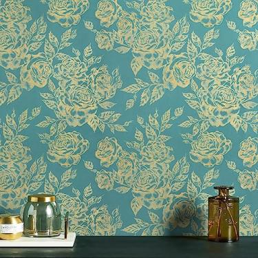 Imagem de CiCiwind Papel de parede de 43 cm × 193,7 cm para quarto papel de parede verde e dourado removível papel de contato floral autoadesivo papel de parede boho moderno para armários de cozinha cobertura de parede filme de vinil