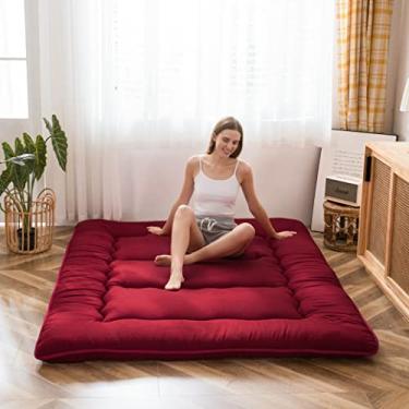 Imagem de MAXYOYO Colchão de chão japonês, futon, almofada de dormir espessa, cobertura de colchão, colchão dobrável, dobrável, colchão de enrolar, colchão de hóspedes, cama, vinho, queen
