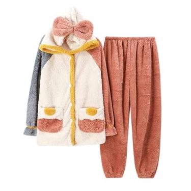 Imagem de LUBOSE Pijama de flanela com capuz, cardigã de flanela com bolsos, pijama quente e confortável para usar em casa, conjunto de pijama (P, vermelho)