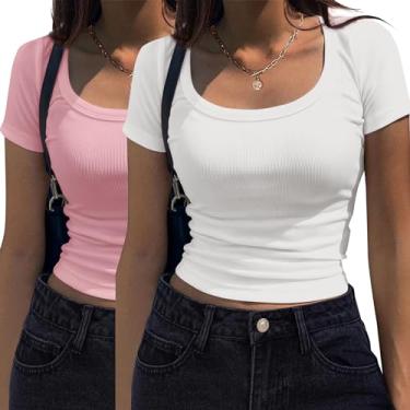 Imagem de Zeagoo Camisetas femininas de manga curta, casual, verão, básica, gola redonda, caimento justo, malha canelada para trabalho, Branco + rosa, P