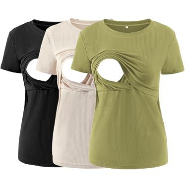 Imagem de Liu & Qu Camisetas femininas de manga curta para amamentação e maternidade, pacote com 3, Preto/Amarelo Verde/Damasco, G