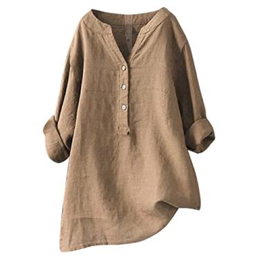 Imagem de Lainuyoah Blusa feminina elegante casual plus size 2024 camisas de linho manga longa gola V gola V tops boho, B - cáqui, 3G