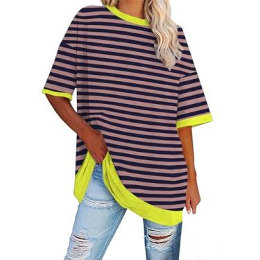 Imagem de Camisetas femininas estampadas listradas grandes casuais de manga curta camisetas básicas gola redonda túnica de trabalho blusa color block, Vinho, XXG