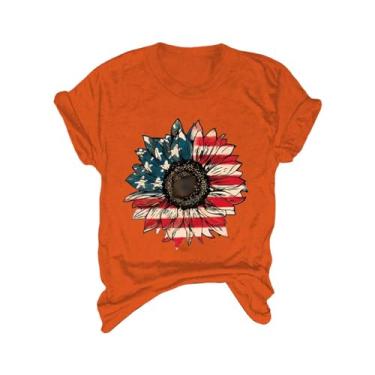 Imagem de Camiseta feminina com estampa da bandeira americana do Dia da Independência com estampa de girassol túnica patriótica solta de verão de manga curta, Laranja, 3G