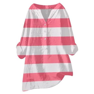 Imagem de Camiseta feminina de algodão e linho, gola V, botão, manga comprida, grande, tops casuais colorblock, Vermelho melancia, M