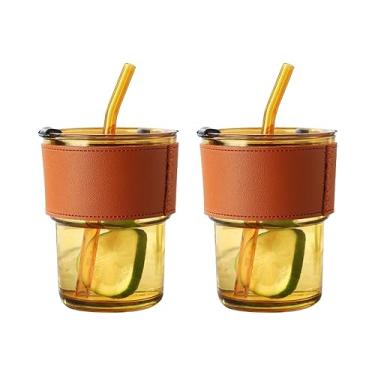 Imagem de JRIQH Pacote com 2 garrafas de água de vidro de 400 ml com canudo e tampa, copo de copos de café gelado, caneca de café gelada, copo de vidro isolado com manga de silicone (âmbar)