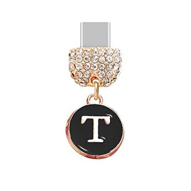 Imagem de ELISE & FONDA TP66 Tipo-C porta de carregamento USB cristal plugue antipoeira minúscula letra T pingente para celular Samsung/Huawei/OnePlus/Xiaomi/oppo novos telefones Android (preto), approx. 1.2 cm