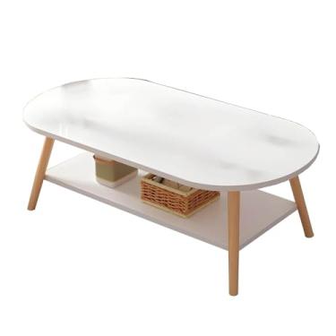 Imagem de Mesa de centro moderna de 2 camadas, pernas de mesa de carvalho maciço, mesa de centro oval de meados do século com prateleira de armazenamento para sala de estar de apartamentos pequenos