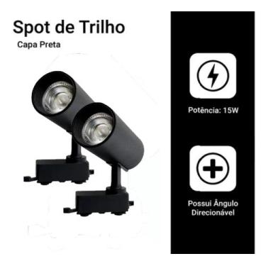 Imagem de Kit 2 Luminária Preto Trilho Spot Led 15W 3500K Branco Quente - AAAtop
