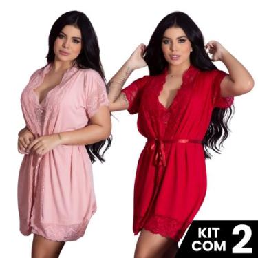 Imagem de Kit 2 Robes Roupão e 2 Camisolas Amamentação Pós Parto Liso Com Renda 