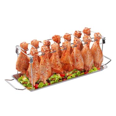 Imagem de AMOZO Suporte de perna de frango para grelha com bandeja coletora - Rack de asa de frango fácil de usar com 14 compartimentos - Rack de asa de frango de aço inoxidável premium para defumador - seguro