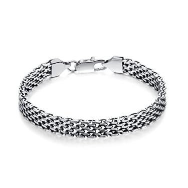 Imagem de Rockyu Pulseira masculina, prata, corrente de aço inoxidável, simples, moderna, pulseira de corrente dupla, pulseira larga, hipoalergênica, Aço inoxidável