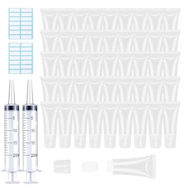 Imagem de AMORIX 50 peças de tubos de brilho labial 10 ml recipientes vazios de bálsamo labial recarregáveis tubos de apertar com 2 seringas de 20 ml, 5 peças de sacos de organza e etiquetas adesivos para