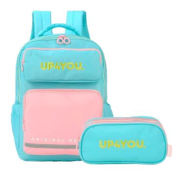 Imagem de Mochila Escolar E Estojo Up4You Verde Claro E Rosa