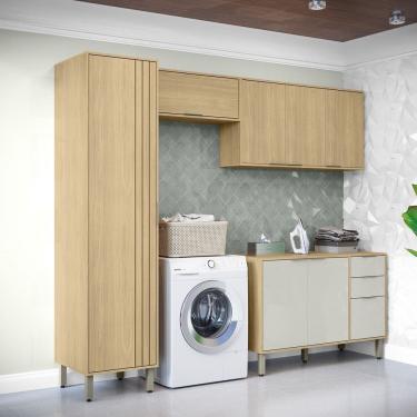 Imagem de Lavanderia Modulada com 2 Armários Aereos, 1 Balcão e 1 Armário Multiuso Glória Castanho/Off White