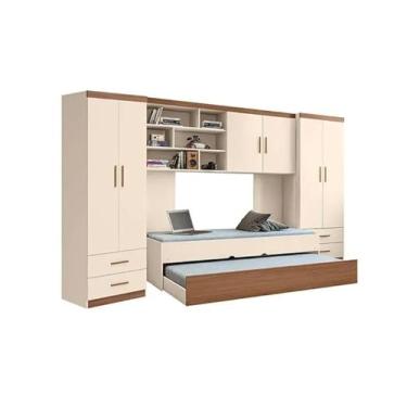 Imagem de Jogo de Quarto Chiara 5 Peças - Roupeiro 2 portas, Módulo Aéreo e Cama com Auxiliar - Off White Amadeirado - Phoenix Bab