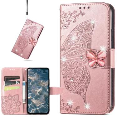Imagem de CCSmall Capa carteira para Motorola Moto G15 para mulheres e meninas, capa flip de couro PU borboleta floral em relevo com suporte para cartão para Motorola G15 strass ouro rosa
