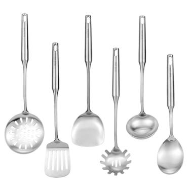 Imagem de Conjunto de utensílios de cozinha de aço inoxidável 18/8, 6 peças de 38 cm de comprimento, conjunto de utensílios de cozinha de metal com espátula, concha profunda, colher, escumadeira, servidor de