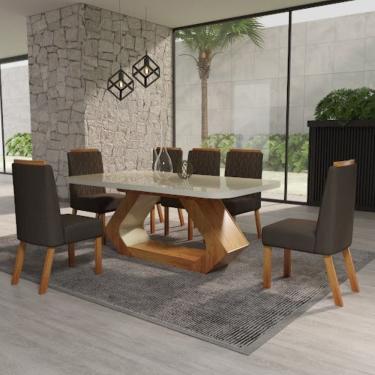 Imagem de Conjunto Sala de Jantar com Tampo Mdf/vidro 160cmx80cm Mesa Lotus com 6 Cadeiras Viena Luxo Naturalle/Marrom