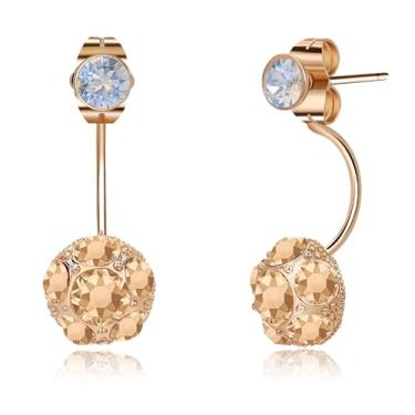 Imagem de Brincos femininos redondos 2 em 1 com cristais Swarovski na parte da frente banhados a ouro 14 K hipoalergênicos