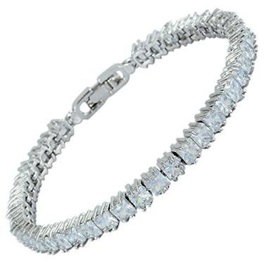 Imagem de RIZILIA [cubo de gelo] Pulseira de tênis banhada a ouro branco 18 K CZ com corte princesa multicolorida, 17,78 cm 7 inches