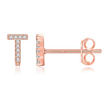 Imagem de Brincos de Inicial para Meninas - Banhado a Ouro Rosa 14K S925 Prata Esterlina Post CZ Alfabeto Letra Brincos Meninas CZ Hipoalergênico Inicial Studs Brincos para Mulheres Bebês Meninas, Cristal, Zircônia cúbica