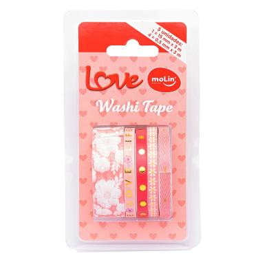Imagem de Fita Adesiva Washi Tape Love Kit 5 Unidades 15mm x3m + 4x0,5mm x3m Detalhes Metálicos