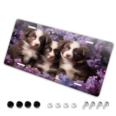 Imagem de Capa para placa de carro multicolorida Three King Dog Flowers - Etiqueta artística de alumínio, à prova de ferrugem, design exclusivo - 15 x 30 cm