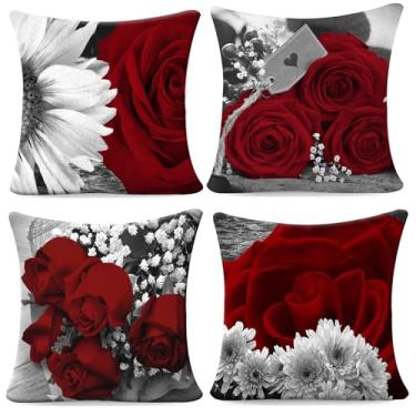 Imagem de Capas de almofada vermelha, pacote com 4, 45,7 x 45,7 cm, romântico, vermelho, rosa, preta, cinza, capas de almofada decorativas para sofá-cama, ambientes externos, flores, casa de fazenda, primavera