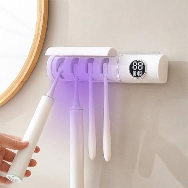 Imagem de Suporte de escova de dentes montado na parede, porta-escovas de dentes inteligentes elétricos com limpeza e secagem, 4 compartimentos para escova de dentes estojo de limpeza com capa contra poeira