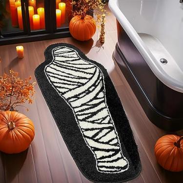 Imagem de Decoração de banheiro de Halloween preto e branco tapete de banheiro decorações de terror tapetes de banho antiderrapantes caixão para banheiro quarto corredor fofo decoração de casa assustador engraçado tapete de múmia 45,7 x 119,4 cm