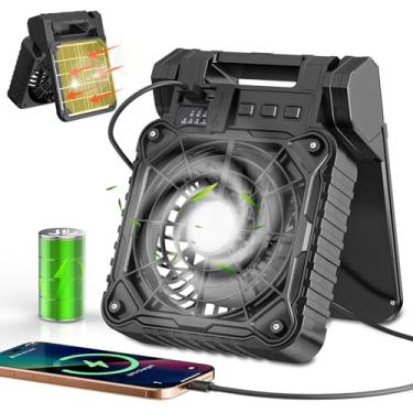 Imagem de Ventilador solar de acampamento com lanterna - Ventilador operado por bateria recarregável, tempo máximo de execução de 18H, 4 velocidades, temporizador de 8H, ventilador de mesa portátil ajustável de