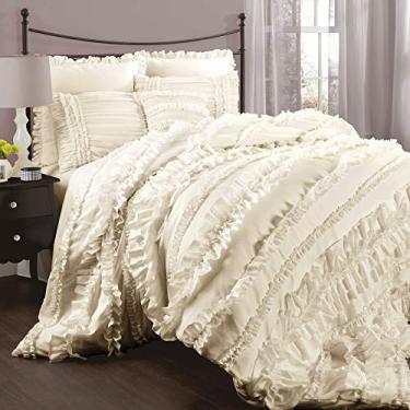 Imagem de Lush Decor C07815P13 Edredom Belle Marfim com Babado Shabby Chic Conjunto de 4 Peças com Saia para Cama e 2 Fronhas, Casal/Queen