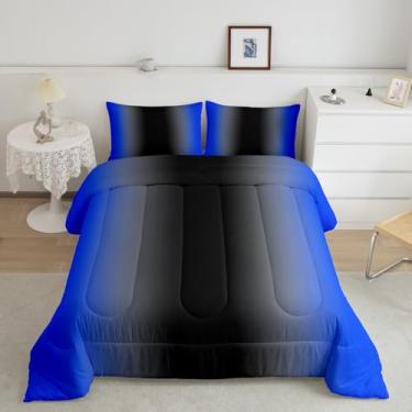 Imagem de Feelyou Conjunto de edredom ombré, tamanho casal, com efeitos ombré, para meninos, meninas, adolescentes, moderno, design de arte abstrata, conjunto de edredom para decoração de quarto, azul e preto