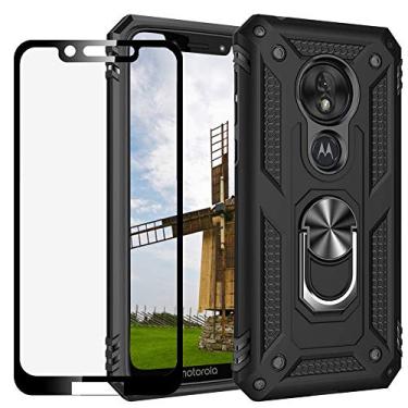 Imagem de YaHan Capa para Motorola Moto G7 Play, anel giratório de 360 graus, híbrido, resistente, camada dupla à prova de choque, capa traseira rígida com protetor de tela de vidro temperado, preta