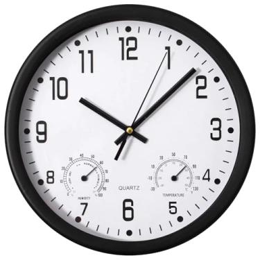 Imagem de Clockswise Relógio de parede de quartzo sem tique-taque de 30 cm com termômetro e higrômetro - Relógio analógico de plástico operado por bateria para monitoramento de temperatura e umidade - ideal