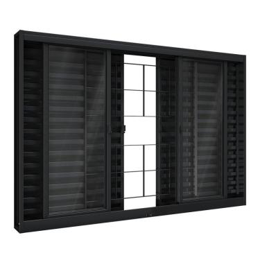 Imagem de Janela De Aço Veneziana De Correr Central Com Grade Quadrada 6 Folhas 120x150cm Aço Pronto Riobras Preto