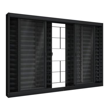 Imagem de Janela De Aço Veneziana De Correr Central Com Grade Quadrada 6folhas 100x100cm Aço Pronto Riobras Preto