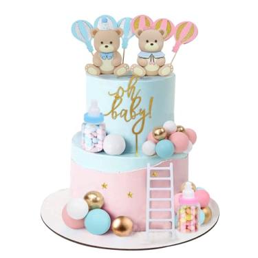 Imagem de Acmee 32PCS Bear Gender Reveal Cake Toppers - Mini 3D Blue Pink Bear Milk Bottle Gold Balls Oh Baby Cake Decorations for Boy or Girl He or She Gender Reveal Baby Shower Birthday Party