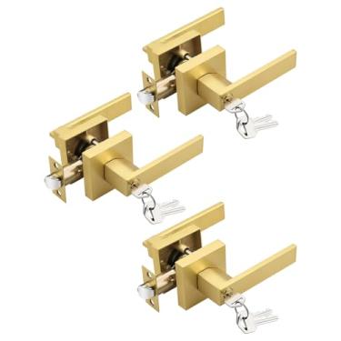 Imagem de Tinewa Pacote com 3 maçanetas de porta de entrada de ouro escovado com fechadura e chave, maçanetas de porta de entrada de latão acetinado, para portas externas ou internas, quarto, escritório, hotel