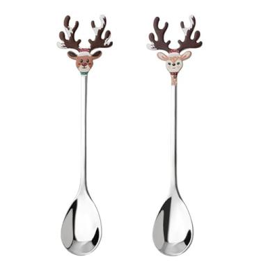 Imagem de Pinenjoy 2 Colheres De Café Rena Natal, 5,6 Polegadas, Desenho Chifre Alce, Mexendo, Aço Inoxidável 18/10 (304), Sobremesa Natal Para Presente, Bolo Sorvete Açúcar