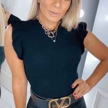 Imagem de Blusa feminina manga curta babado com elastano malha canelada - Filó M