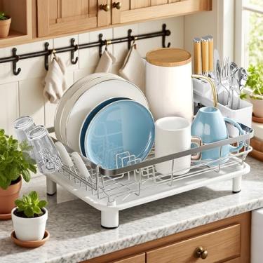 Imagem de MOUKABAL Escorredor de pratos - Escorredor de pratos de aço inoxidável, escorredor de pratos para balcão de cozinha, escorredor de cozinha com suporte de utensílios removível, escorredor e organizador